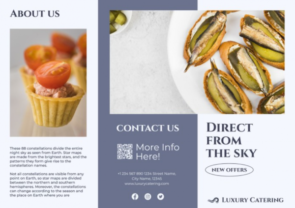 Desain brosur katering dengan foto hidangan seafood